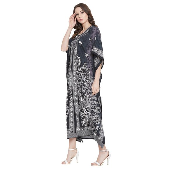 Women Plus Size Fit and Flare Paisley Printed Black Kaftan Dress by Gypsie Blu - Picture 6 of 9